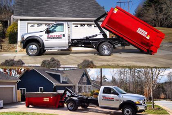 Two images of a Griffin Construction truck with a red dumpster. In the top image, the truck is parked with the dumpster lifted, and in the bottom image, the truck is parked on the street with the dumpster on the ground.