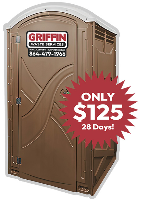 A brown portable toilet with a sign for Griffin Waste Services and phone number. A red starburst advertises ONLY $125 28 Days! on the front, perfect for those seeking affordable portable toilets Seneca residents can rely on.