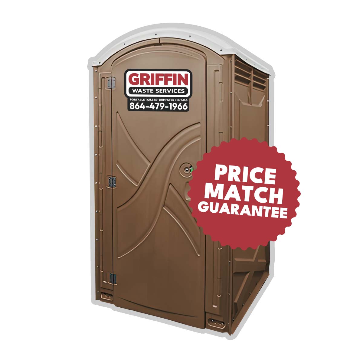 Portable Toilet Rentals Brown portable restroom with a door labeled Griffin Waste Services and a phone number, featuring a red Price Match Guarantee badge on the right—ideal for anyone seeking reliable portable toilets Seneca residents trust.