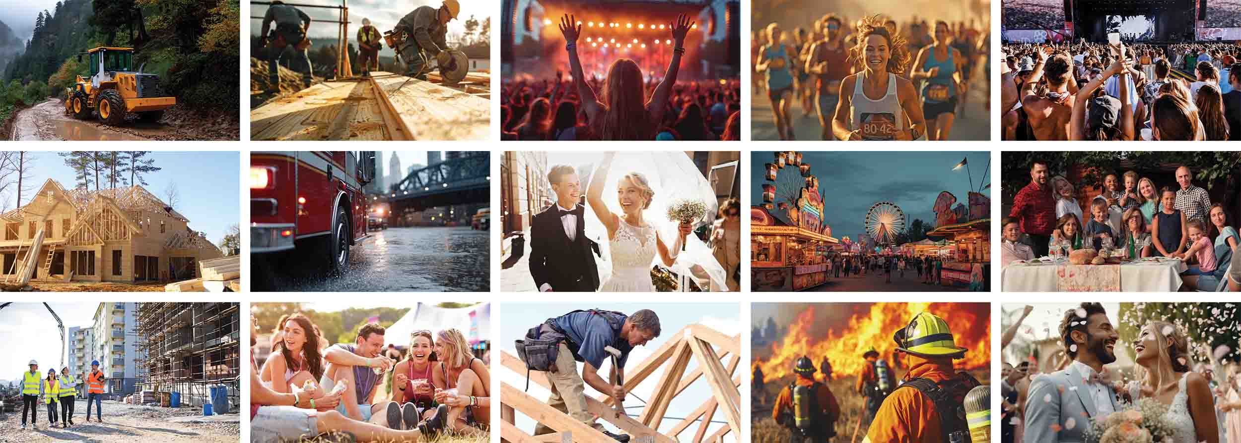 portable_toilets A collage shows scenes of construction, concerts, running events, fairs, weddings, outdoor gatherings, emergency response, and community activities—each featuring portable toilets Seneca as people work, celebrate, and have fun in various settings.