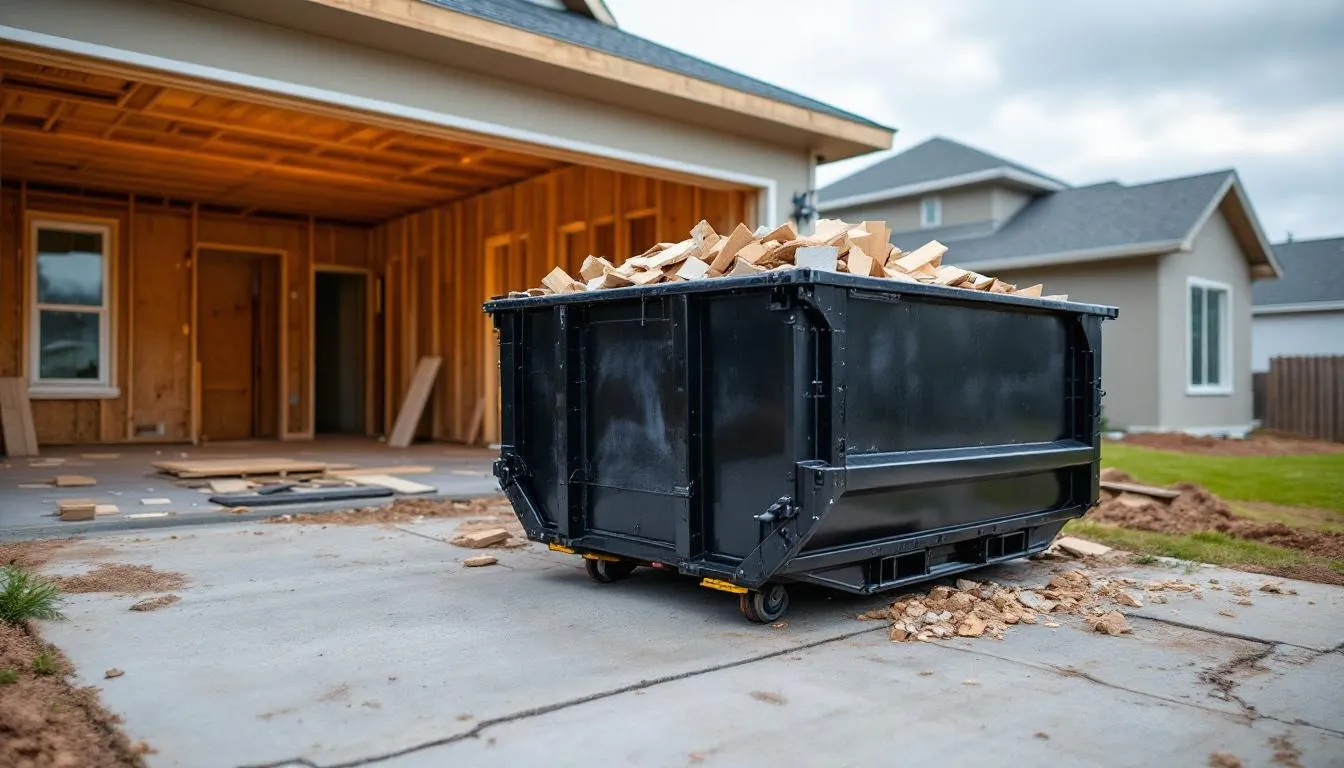A Griffin Waste dumpster on a driveway being filled with construction and wood debris