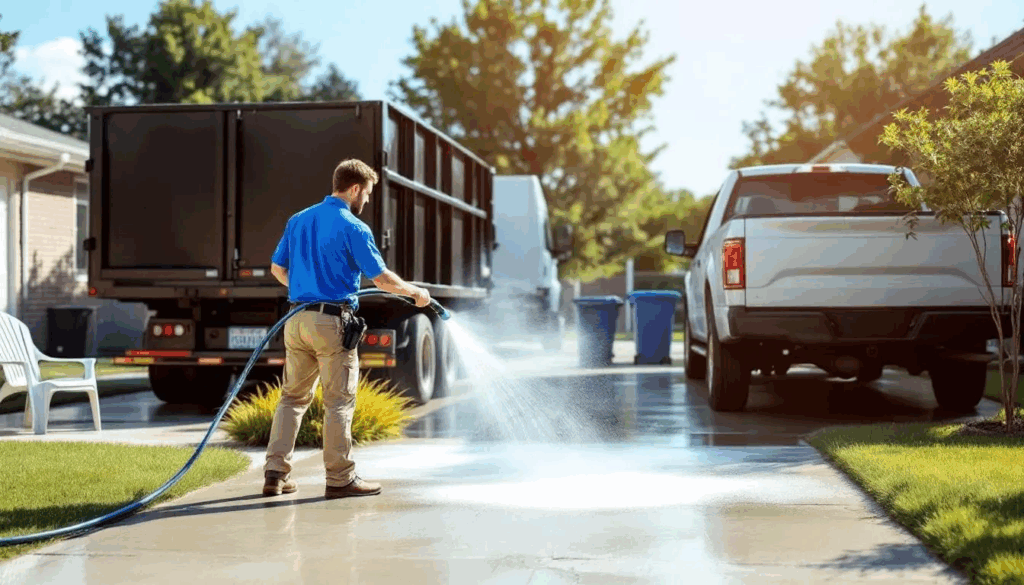 A man uses a hose to pressure wash a driveway in a suburban neighborhood, with a white pickup truck and a large black trailer parked nearby on a sunny day.