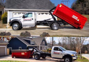 Two images of a Griffin Construction truck with a red dumpster. In the top image, the truck is parked with the dumpster lifted, and in the bottom image, the truck is parked on the street with the dumpster on the ground.